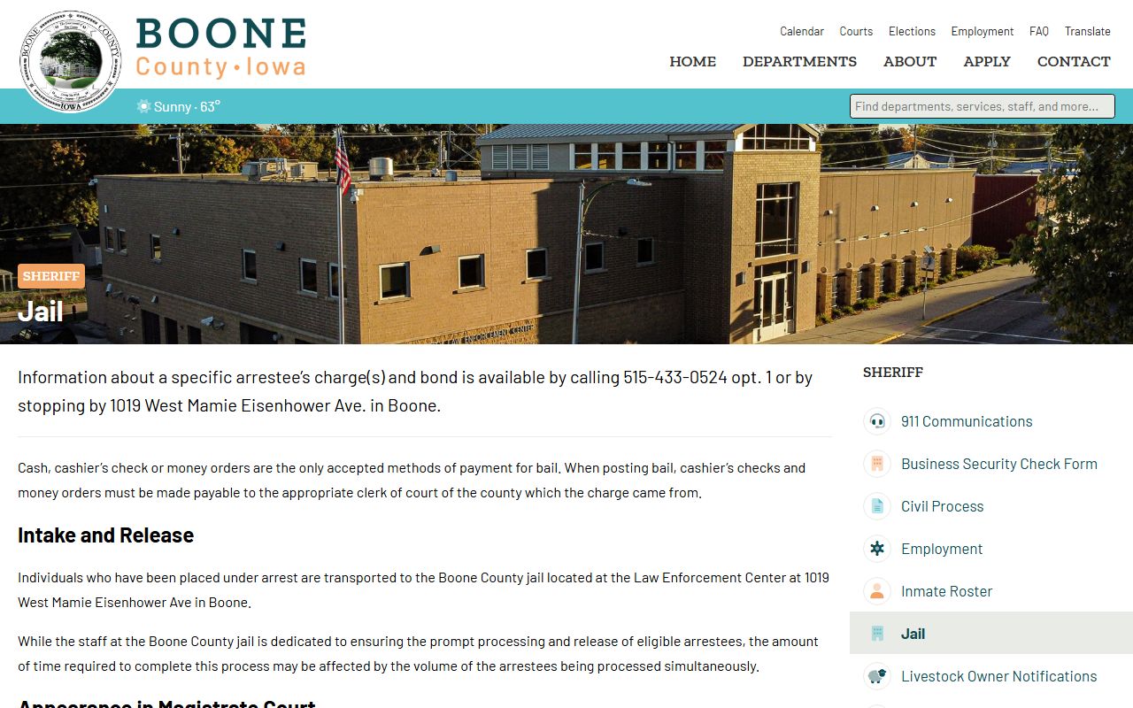 Boone County Jail information page for inmate custody and bond details